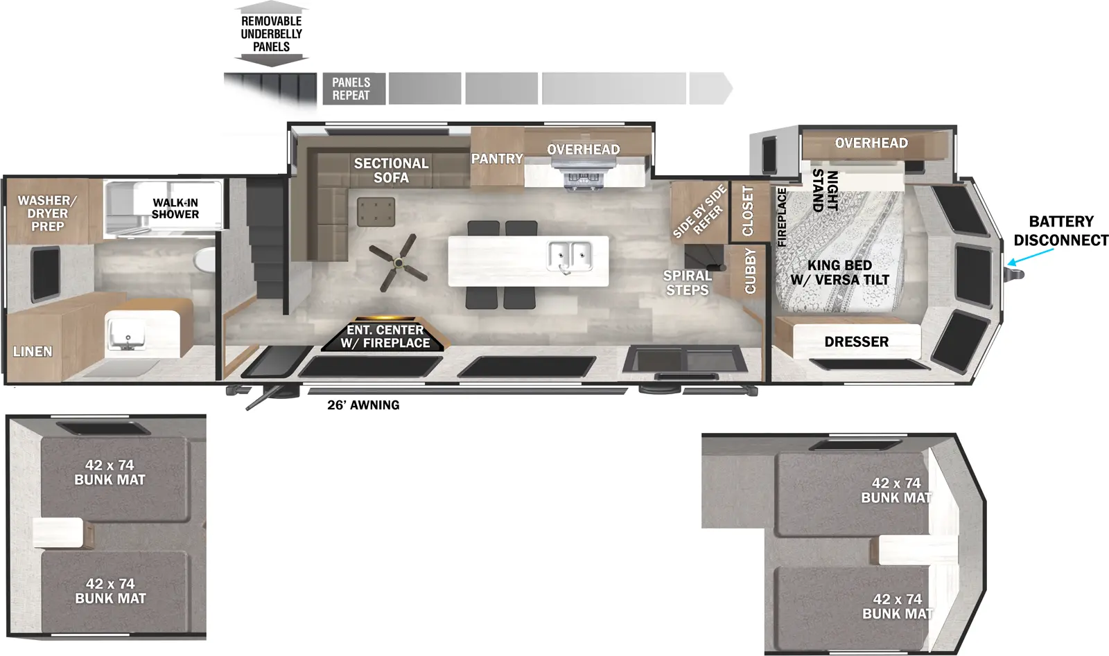 The Salem Villa 42VIEW Floorplan has two entries and two slide outs. Exterior features include: fiberglass exterior and 26' awning. Interiors features include: loft, kitchen island, front bedroom and rear bathroom.